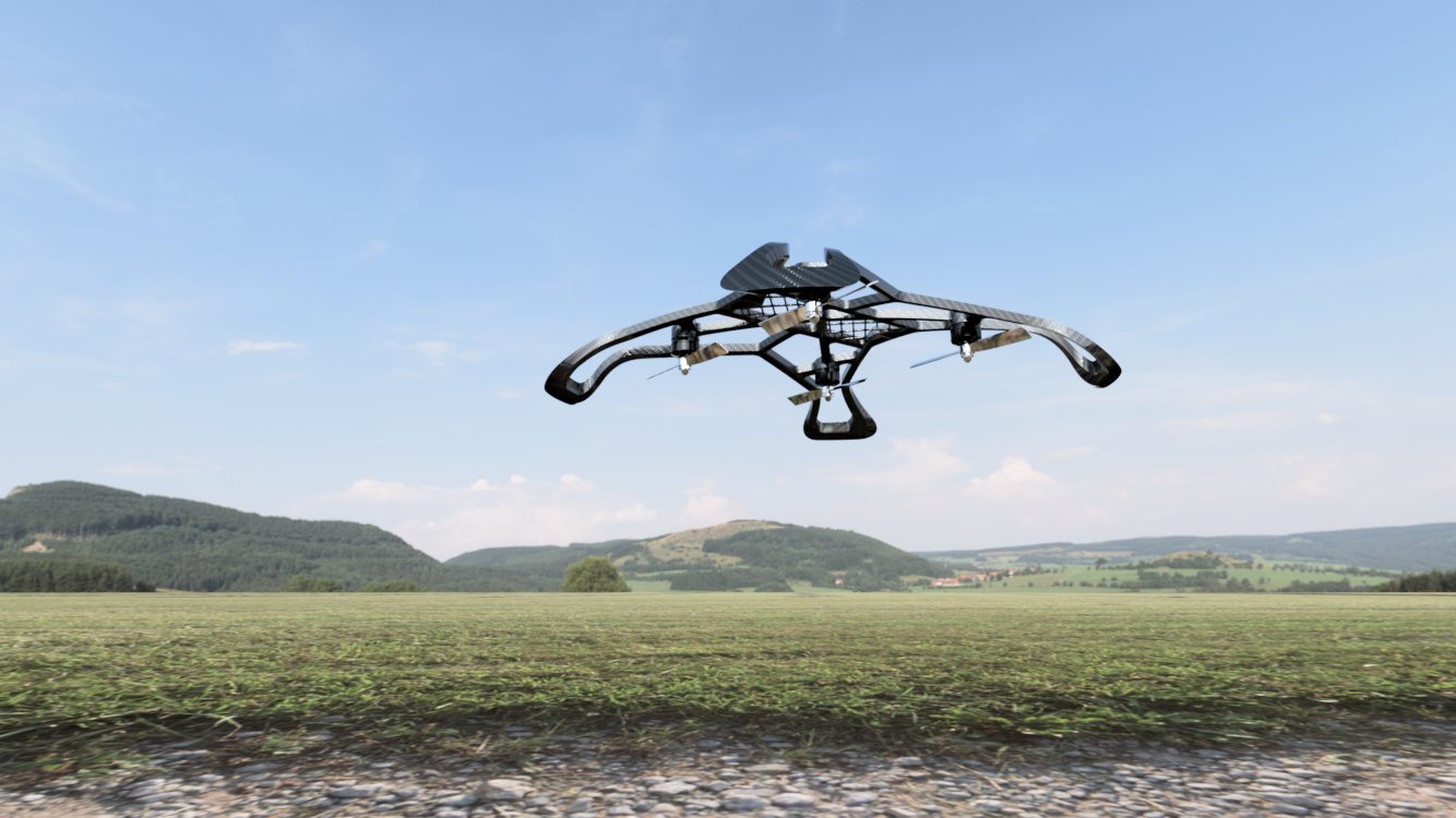 Rendering of a generatively designed quadcopter airframe in flight over fields